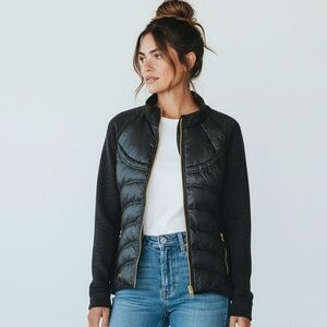 Michael Kors Black brown Hi low down Puffer Jacket with Gold MK Accents